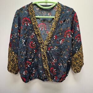 Colorful Floral Faux Wrap Blouse 3/4‎ Sleeve Elastic Waist
